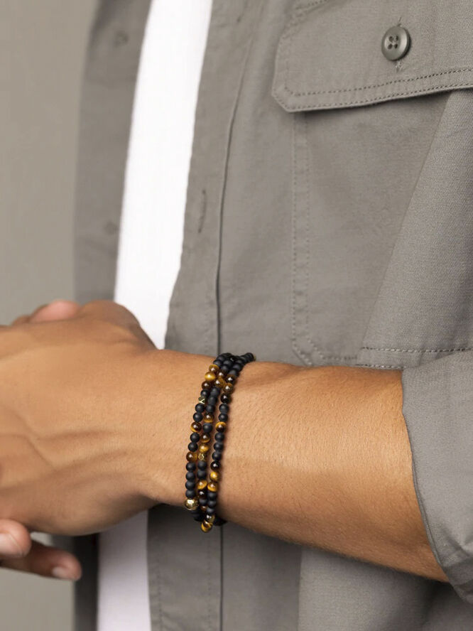 Nialaya The Mykonos Collection - Brown Tiger Eye, Matte Onyx and Gold Plating Multi