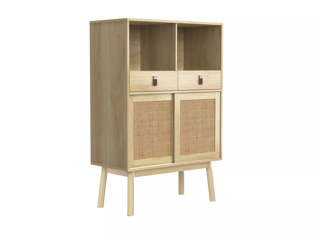 Buffet de cuisine avec 2 tiroirs et 2 portes coulissantes en rotin - 80 x 39,5 x 120 cm - Panneau de particules - Coloris bois