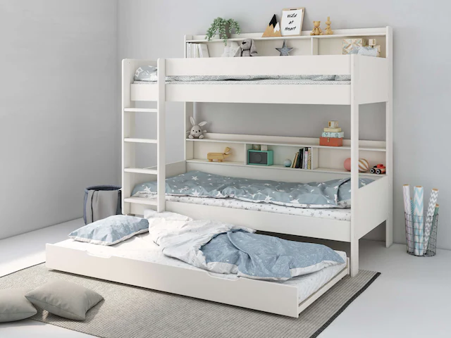 Lüttenhütt Etagenbett »JAIME, TOPSELLER! Stockbett, mit Regalen, Schublade optional« ca. 186x115x204 Höhe/Breite/Länge,  FSC® zertifiziertes Massivholz, viel Stauraum und Abstellfläche