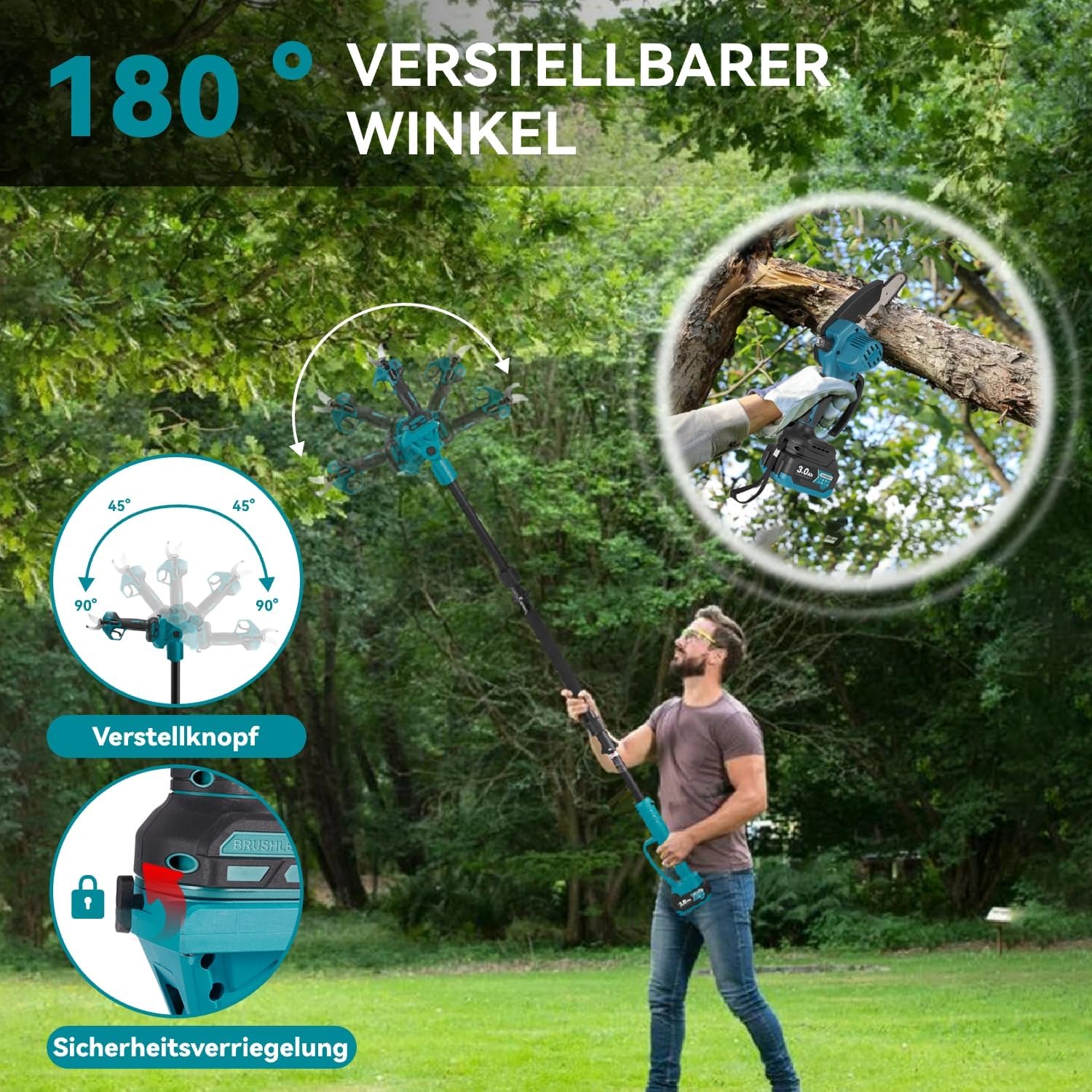 Yofidra 4-IN-1 Akku Hochentaster Ast Kettensäge & Astschere mit Teleskop - Bürstenlos 25mm Baumschere, 6 Zoll Mini Kettensäge, mit 200cm Teleskopstange, 180° Einstellbarer Winkel, 2 x 3.0Ah Akkus