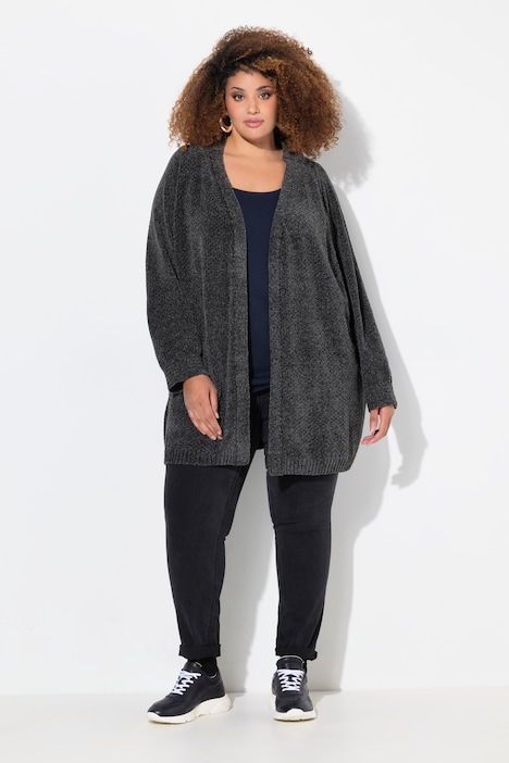 Chenille-Strickjacke, Oversized, V-Ausschnitt, offene Form