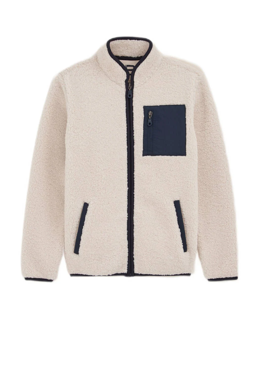 WE Fashion teddy winterjas met contrastbies ecru/donkerblauw