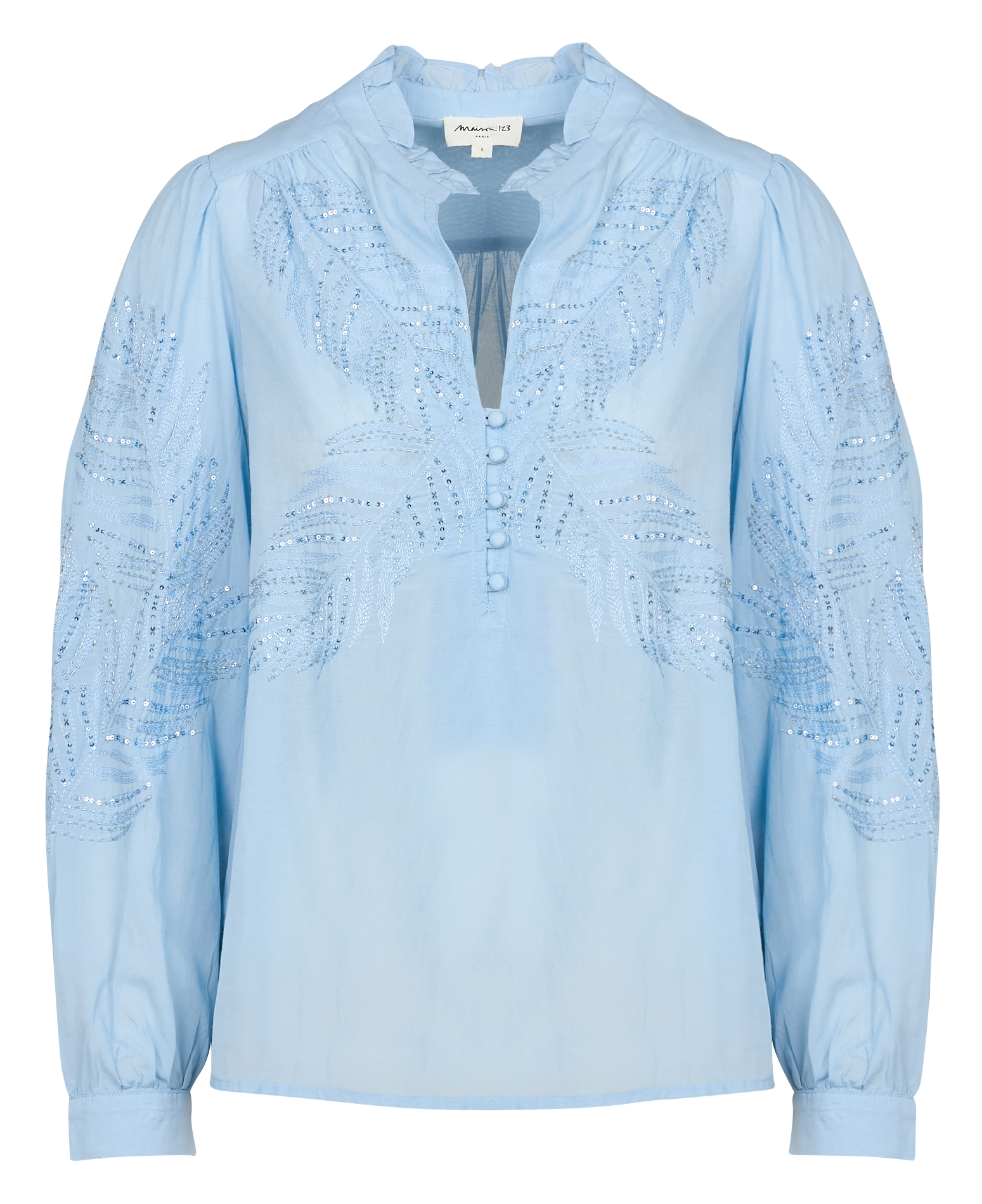 BETTINA - Blouse droit broderies à sequins en coton mélangé | Bleu