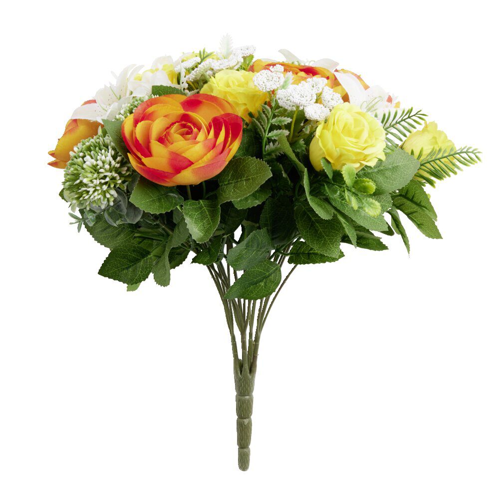 Bouquet fleurs artificielles rose/renoncule jaune et orange 12 tiges H41,5cm