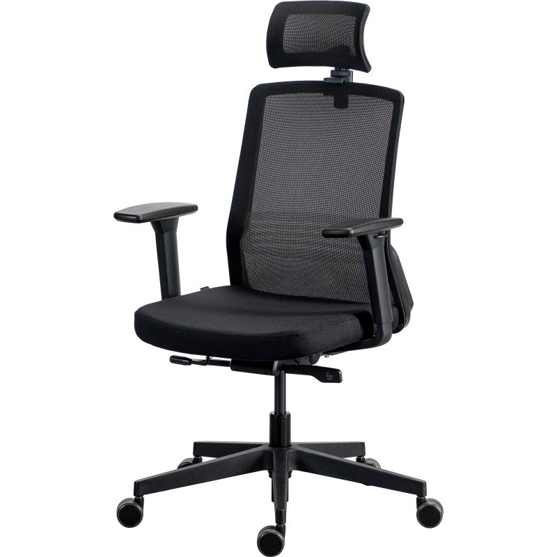 Chaise de bureau ergonomique COCO tissu et maille, avec accoudoirs 3D et appuie-tête, mécanisme synchrone, pieds noirs