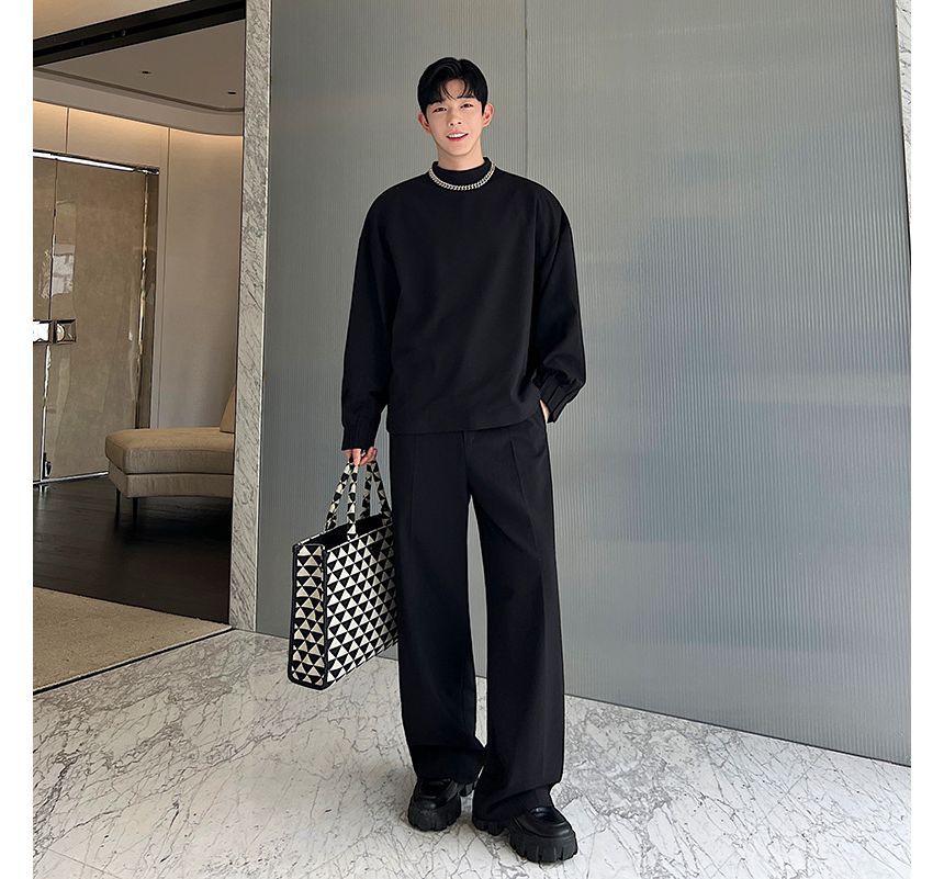 Omozando - Set: Mock Neck Plain Single Breasted Blazer + Mid Rise Wide Leg Pants + Rok