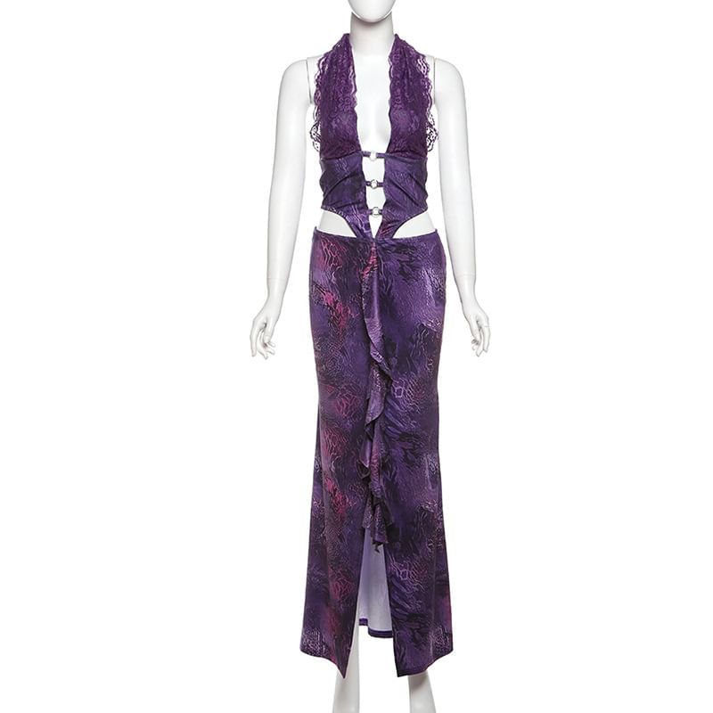 Weaveal - Halter Diep Decolleté Patroon Print Uitsnijding Spleet Paneel Kant Maxi Schede Jurk