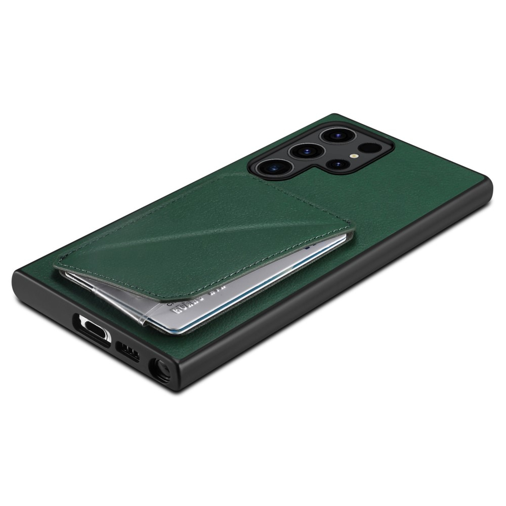 Samsung Galaxy S24 Ultra Leder Hülle mit Kartenfach   Origami Kickstand Aufsteller im Litchi Look - Dunkelgrün