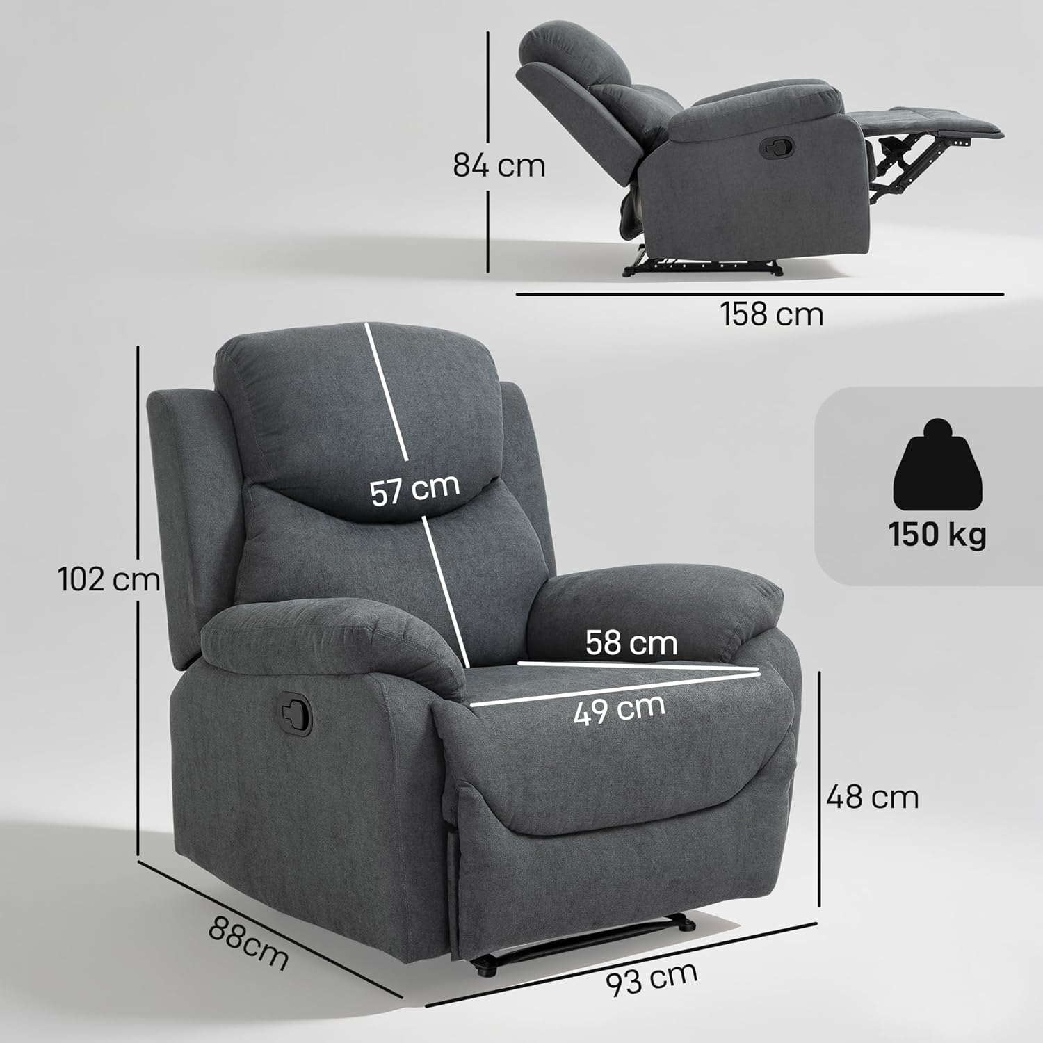 HOMCOM Relaxsessel Fernsehsessel mit Liegefunktion Liegesessel Sessel mit Verstellbarer Rückenlehne, Ruhesessel mit Leinen-Optik für Wohnzimmer Schlafzimmer, Dunkelgrau