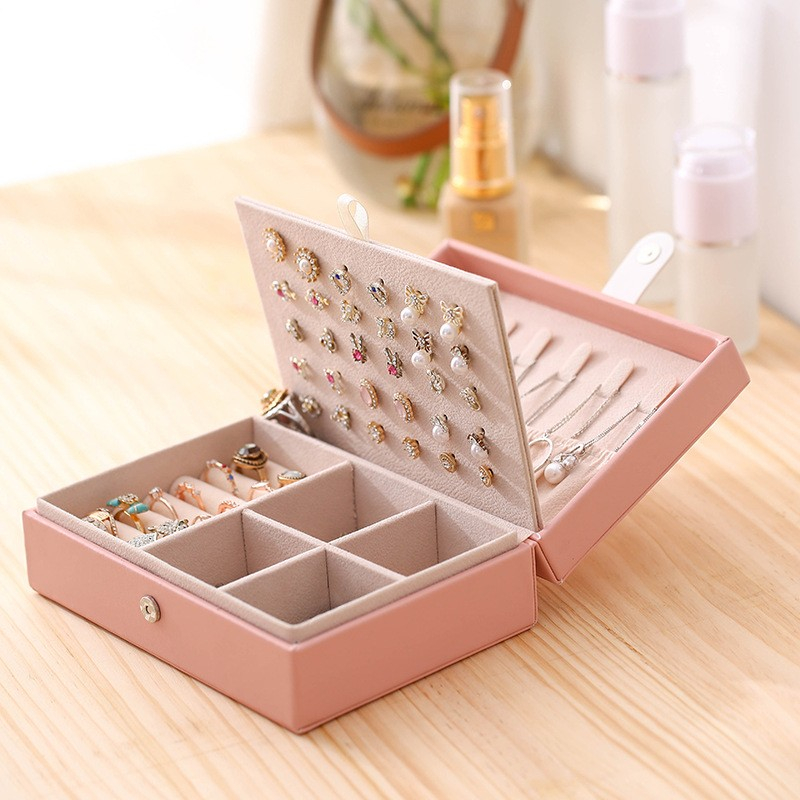 (16.5x11.5x5.8cm) Leder Schmuckschatulle Aufbewahrungsbox Organizer für Ringe / Ohrringe / Armbänder - Rosa