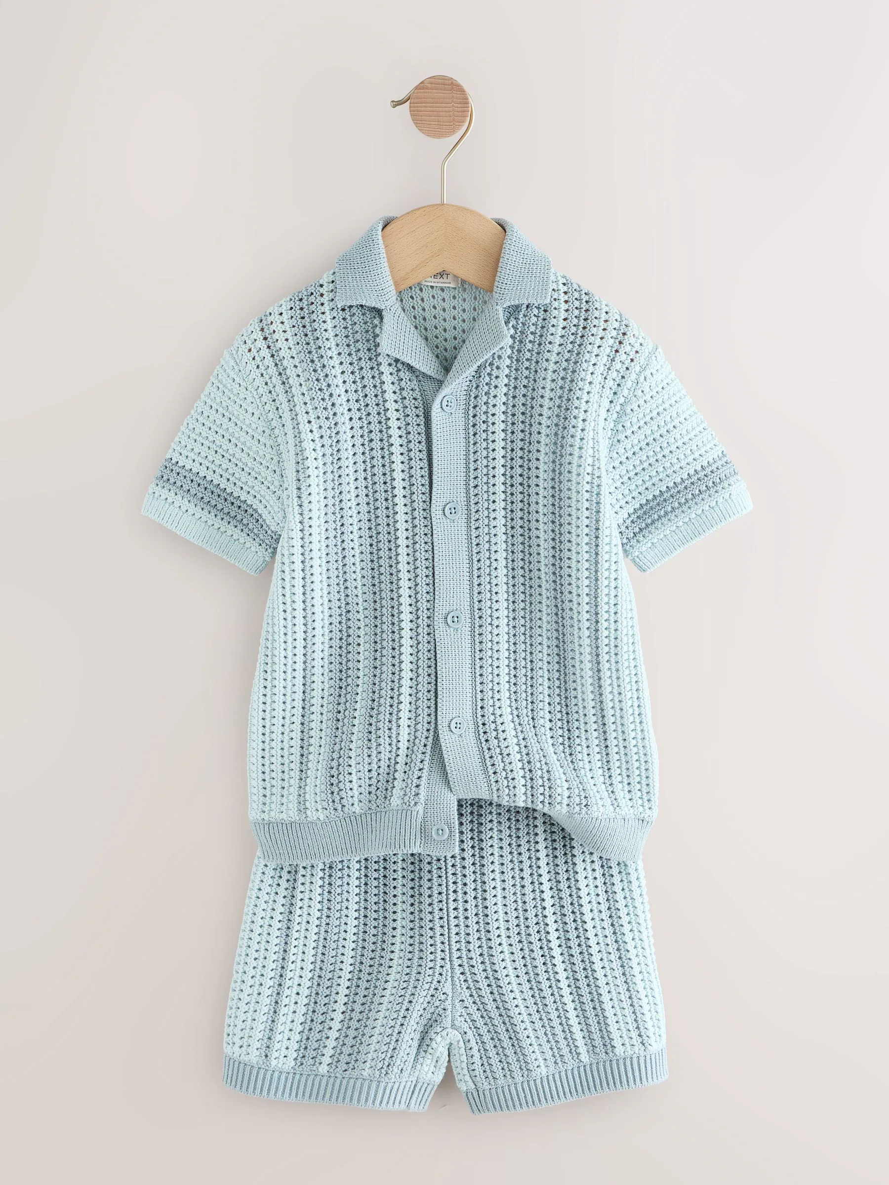 Blauw - Gehaakte gebreide set van overhemd met korte mouwen en shorts (3mnd -10jr)