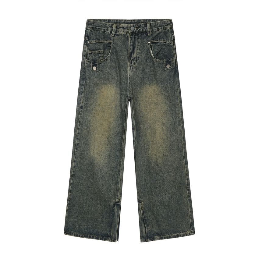 FAERIS - Mid Rise Washed Zip Slit Loose Fit Jeans