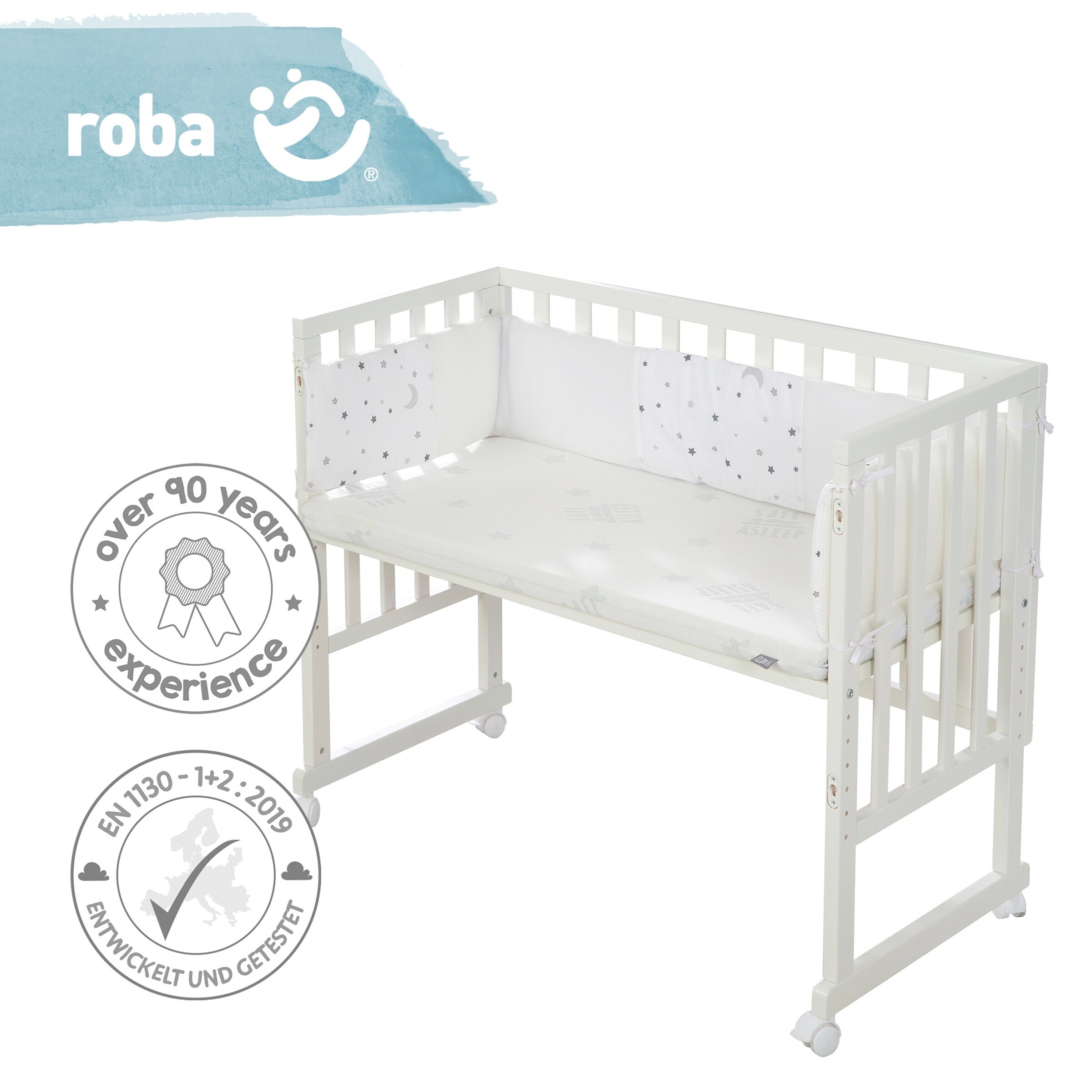roba Stuben- & Beistellbett 3in1 mit Barriere  Sternenzauber grau safe asleep®