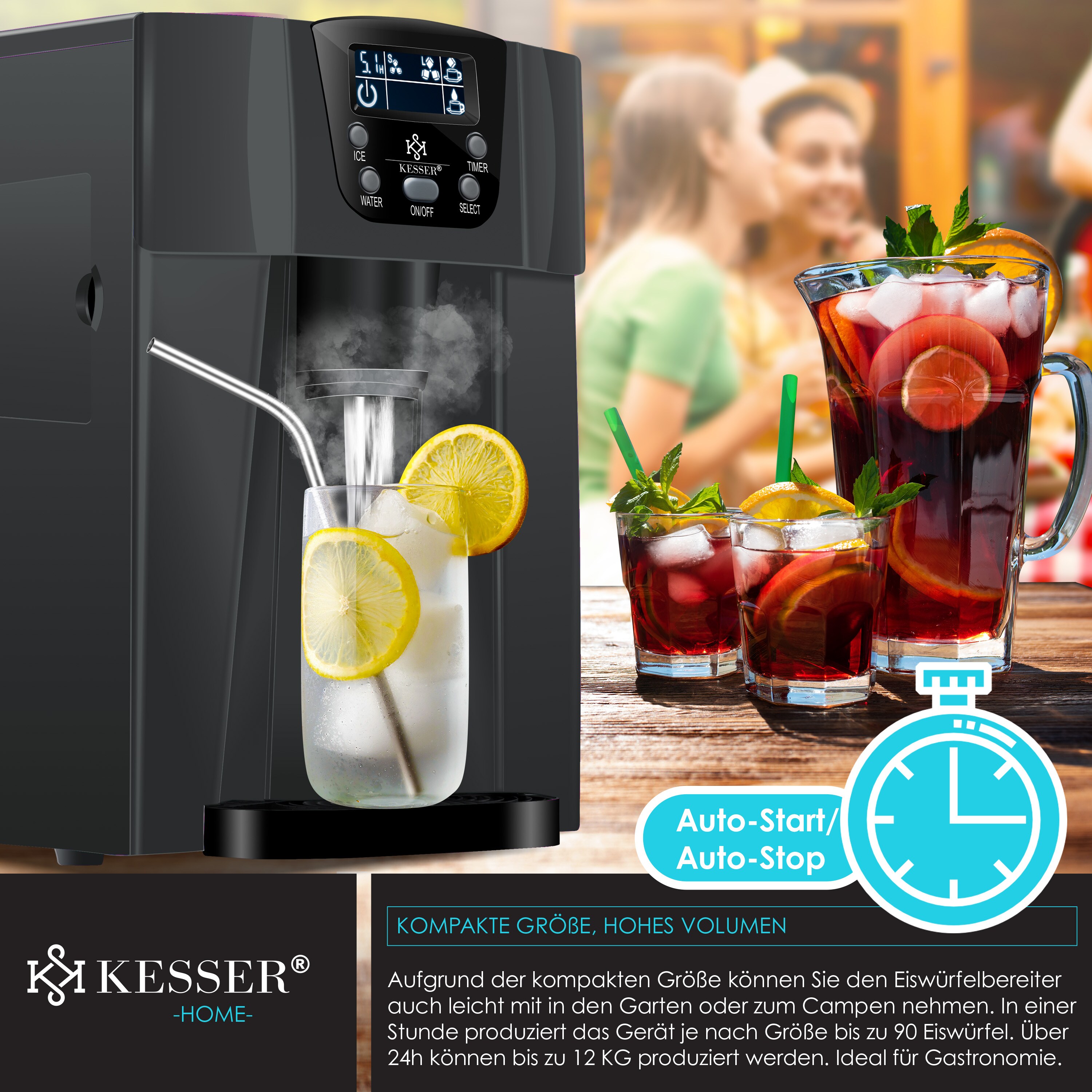 KESSER® Eiswürfelbereiter | Eiswürfelmaschine Edelstahl | 100WIce Maker | 12 kg 24 h | 2 Würfelgrößen | Zubereitung in 6 min | 2 Liter Wassertank | Timer | LCD-Display | Wassertank