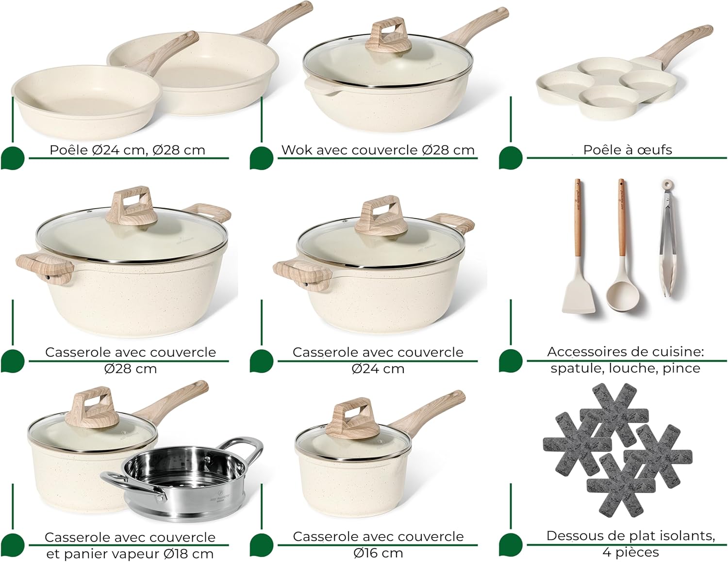 JUST PERFECTO Induktions Töpfe Set - Pfannenset mit deckel - Induktions Töpfe Set - töpfe & pfannen set ohne PTFE und PFOA - Kochgeschirr Topfset induktion (21 pcs Biege)