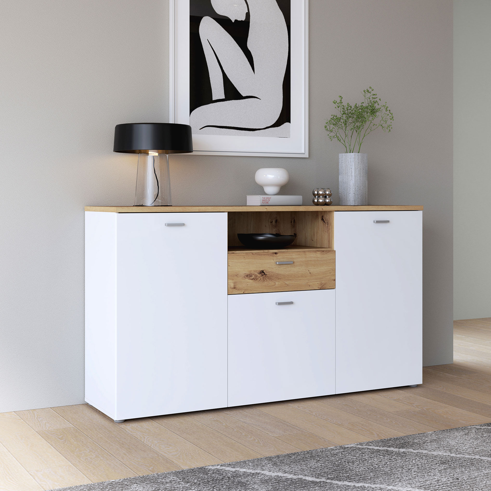 Sideboard - weiß - Artisan Eiche - 154 cm breit