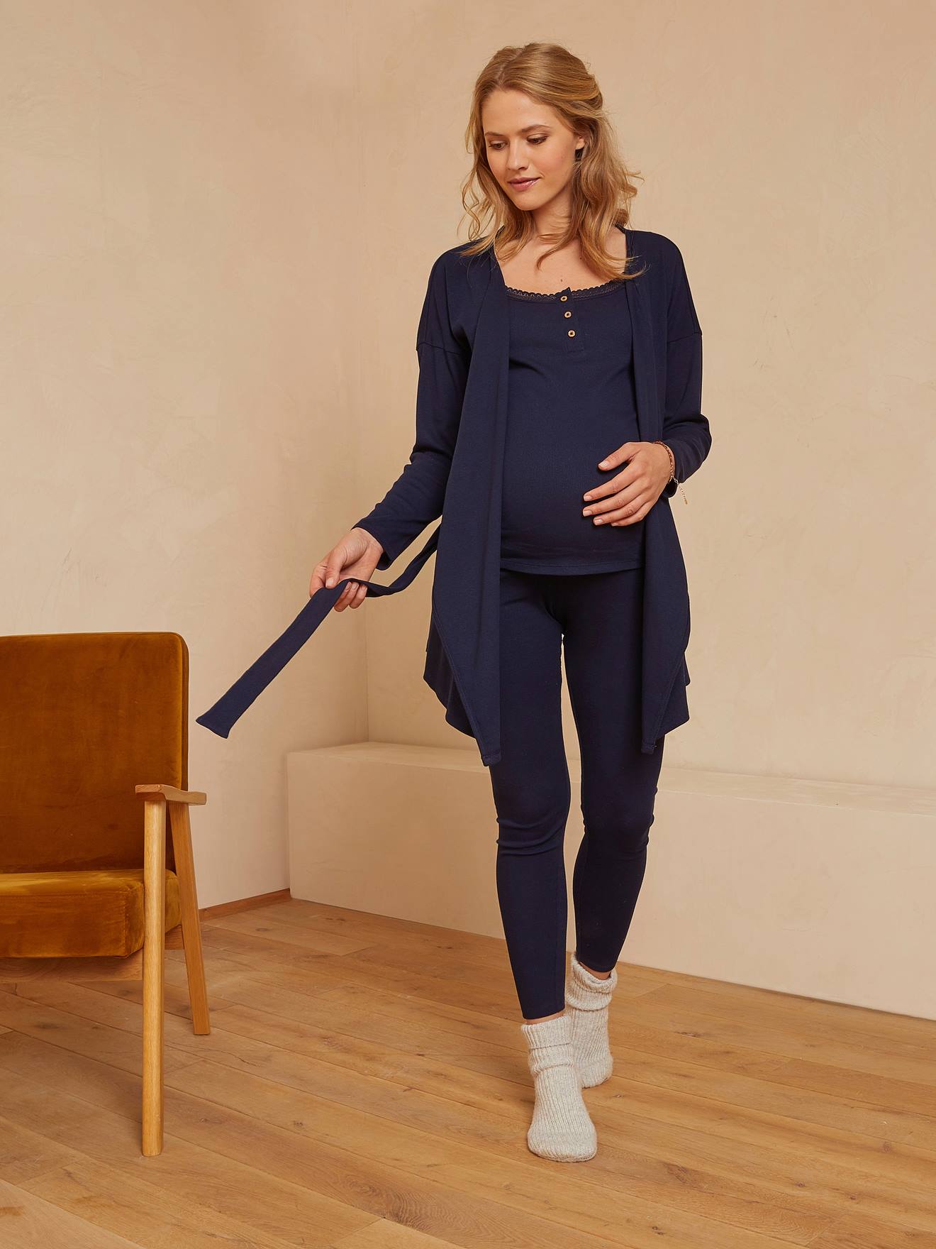 Conjunto de roupa íntima de 3 peças para gestantes e lactantes, azul escuro liso