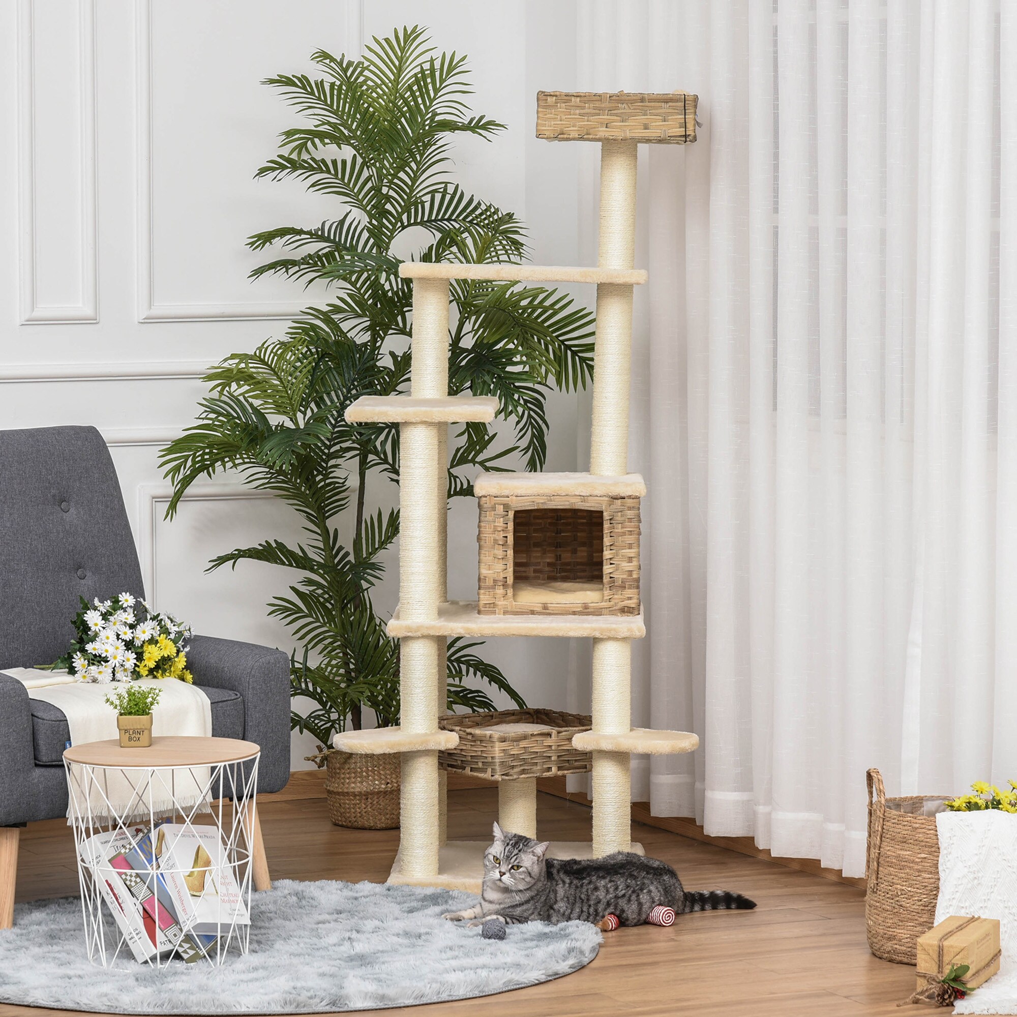 PawHut Kratzbaum mehrstöckig beige, braun 55 x 55 x 174 cm