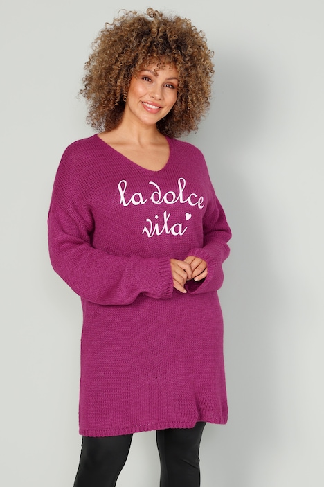 Long-Pullover, Schriftzug, V-Ausschnitt, Langarm