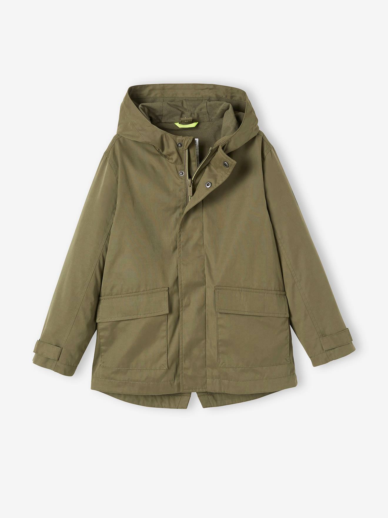 Parka 3 em 1 para meninos, verde-escuro liso com estampas.