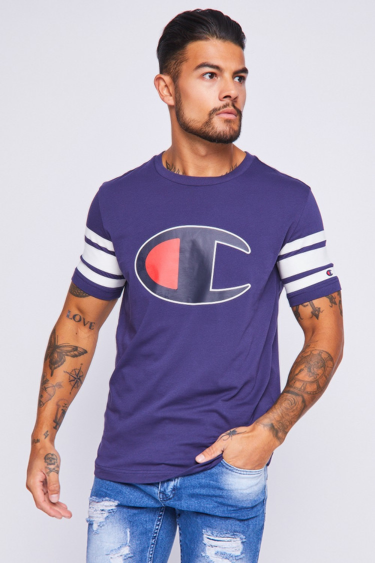 T-shirt Champion bleu à bandes blanches