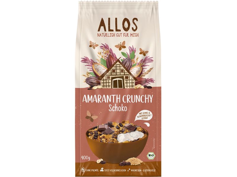 Allos Knuspermüesli Bio Amaranth Crunchy Schokolade 400 g Knuspriges Klassikermüesli mit Amaranth und Schokolade