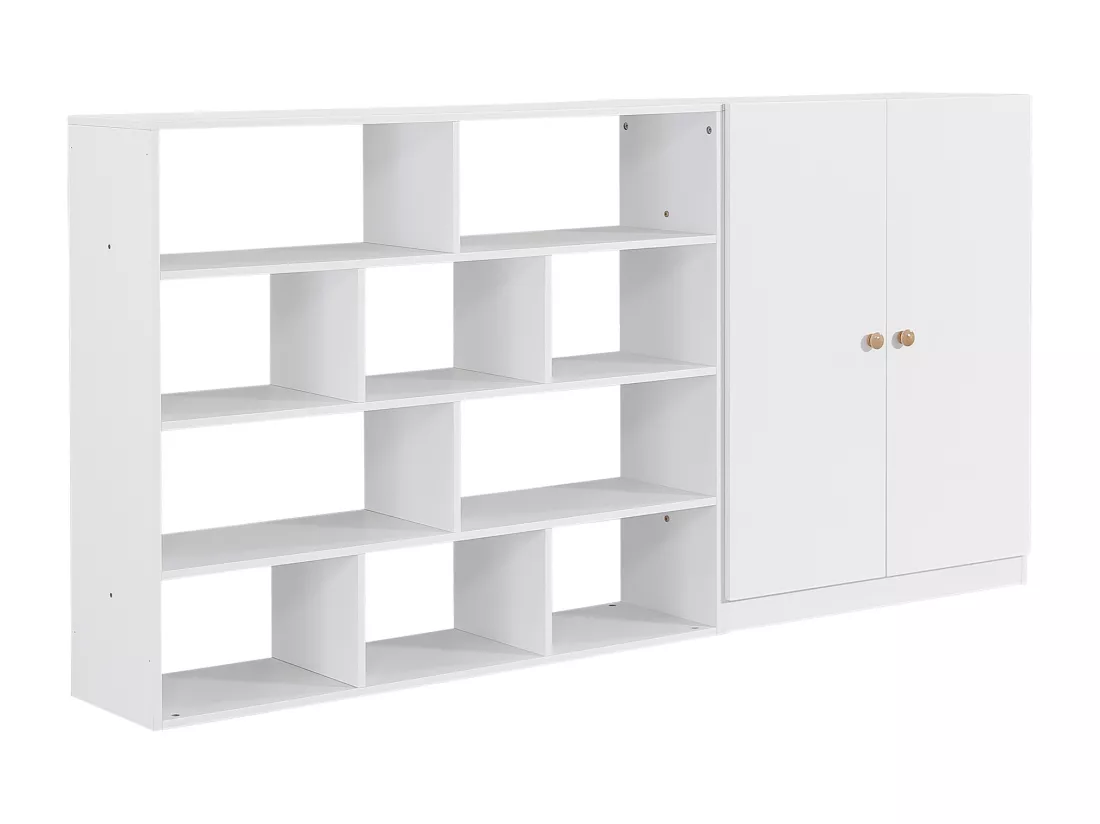 Lit mezzanine en bois et MDF - 90x200 cm - avec étagères、armoire et toboggan - Blanc