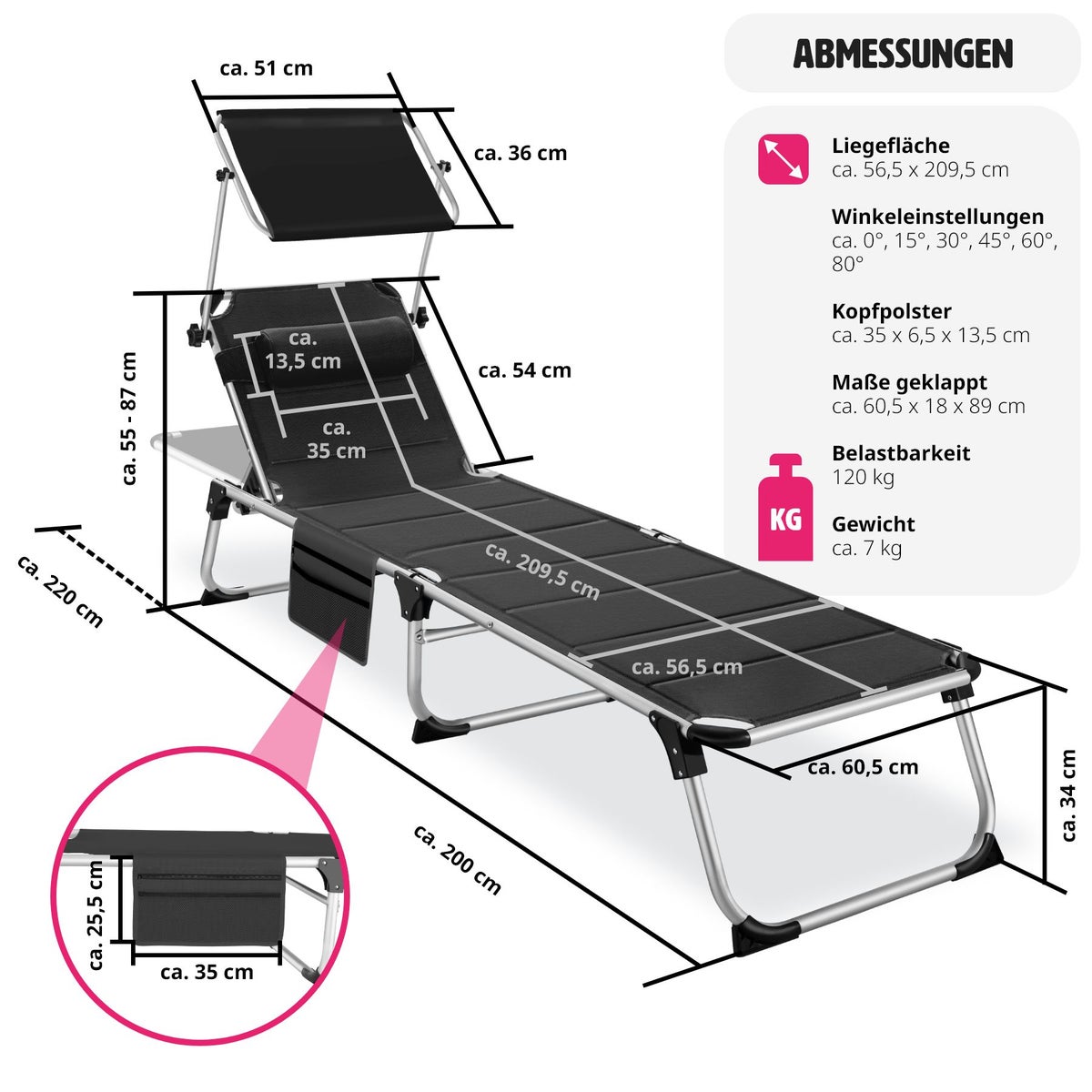tectake Lorella gestoffeerde zonnebank, opvouwbaar 220 x 60,5 x 34 cm, met zijvak