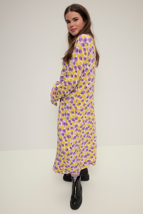 Maxikleid, A-Line, Allover-Print, V-Ausschnitt, Knopfleiste