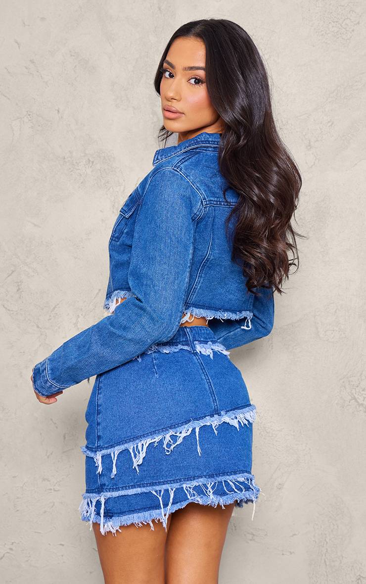 Bleu Veste Courte Ajustée En Denim Délavé À Col Ouvert Petite Taille