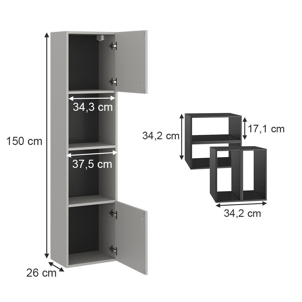 Vicco Hängeschrank Gerta, 37,5 x 150 cm, Grau-Schwarz, Badmöbel mit 2 Türen