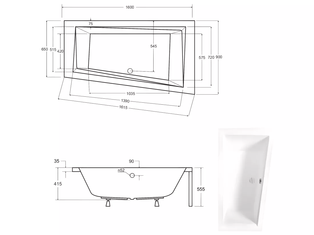 Baignoire asymétrique + tablier blanc + repose tête - INTIMA - 150 x 85 cm - Droite