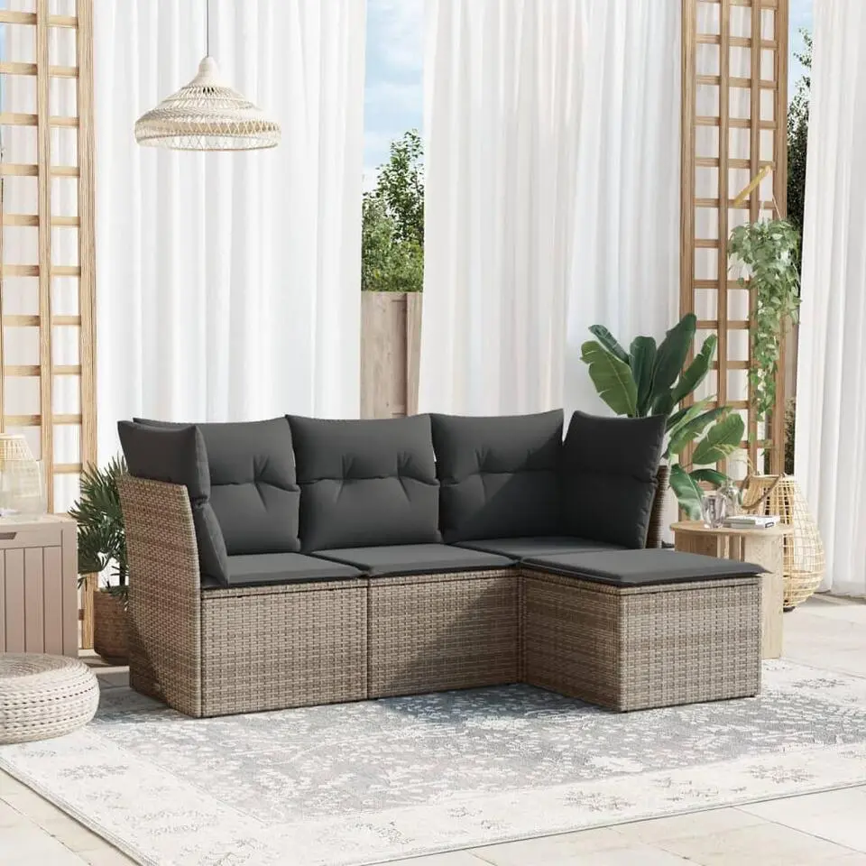 vidaXL Tuin-loungeset met kussens - set van 4 - Grijs - Poly Rattan