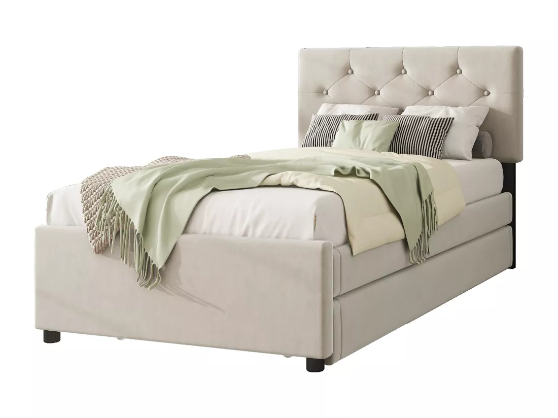Lit gigogne 90 x 200 cm + 90 x 190 cm avec tête de lit - velours - beige (sans matelas)