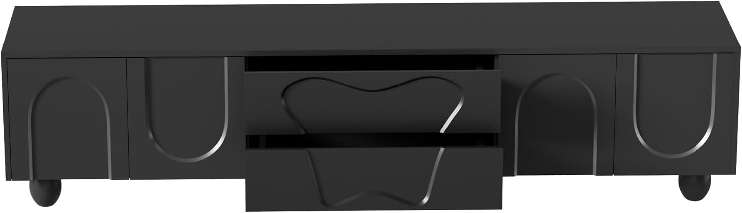 Merax TV-Schrank 180x40x42 cm, mit Holzbeinen, Moderner Fernsehtisch mit großem Stauraum, Schubladen und offenen Fächern, für Wohnzimmer, Schwarz