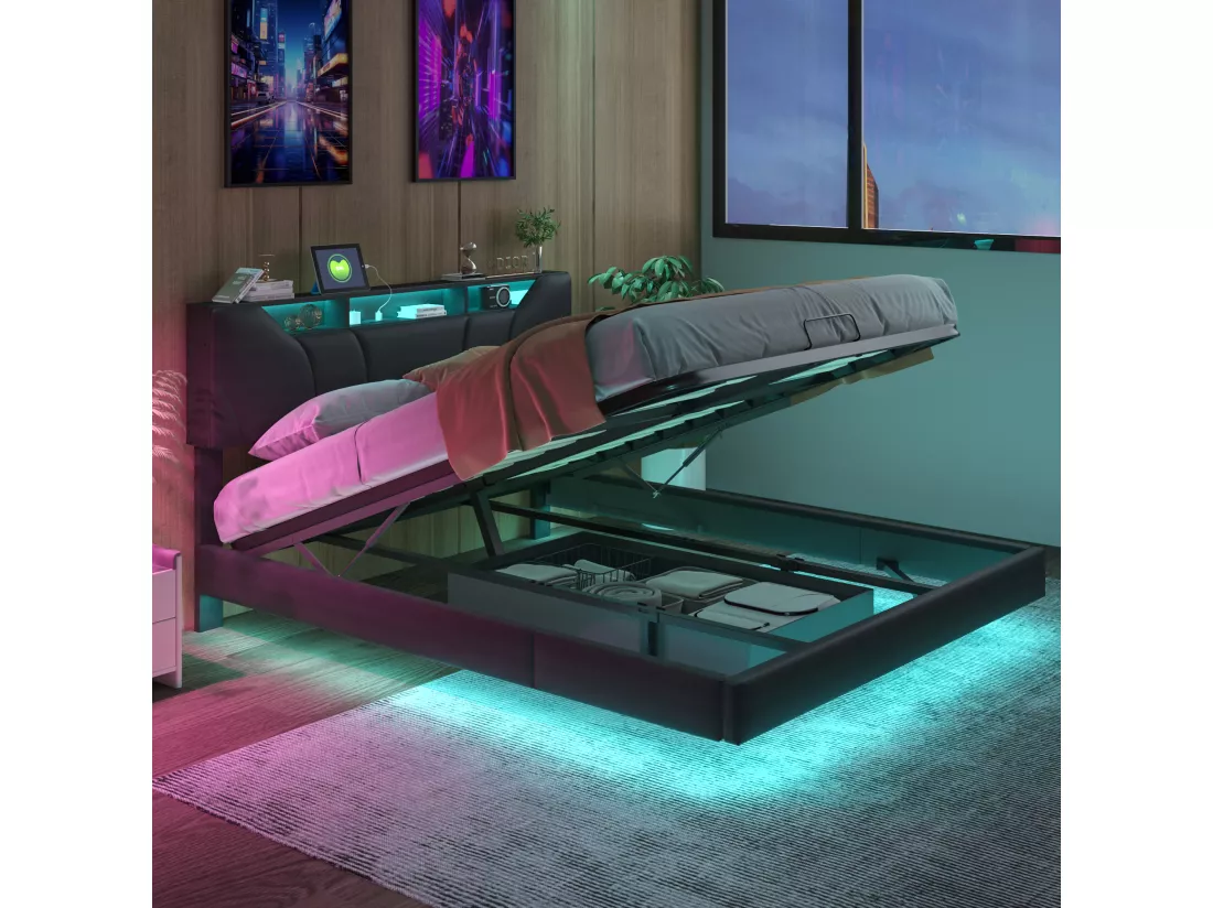 Lit double rembourré 160x200cm - avec USB et lumière LED - Cadre de lit avec tête de lit rangement et coffre de rangement pour lit, en PU- Gris