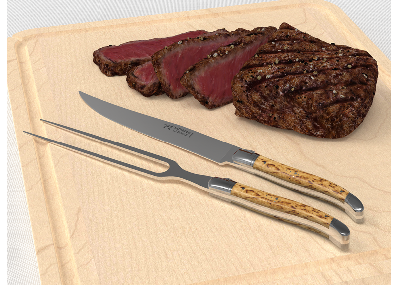 Service à viande Laguiole avec un manche en bois de bouleau et mitres en acier inoxydable