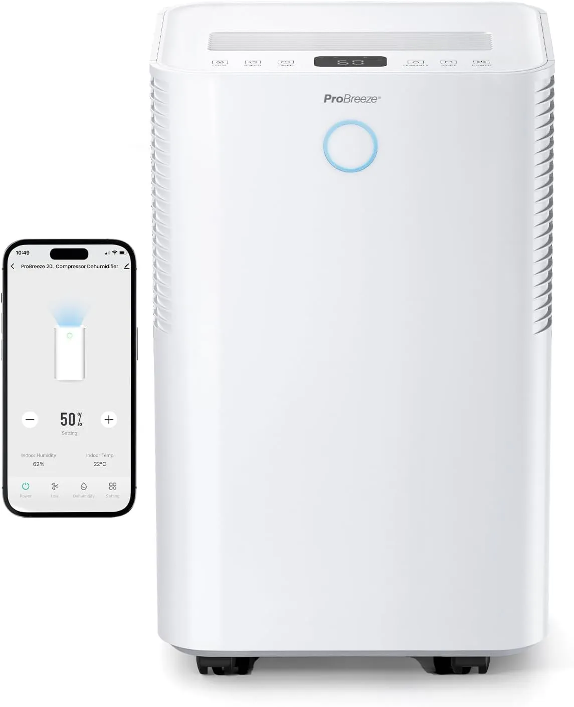 Pro Breeze Luftentfeuchter mit App & WLAN, 20L in 24h Entfeuchtungsleistung - Luftentfeuchter elektrisch mit Wäschemodus, Feuchtigkeitssensor, Timer - Gegen Schimmel - Entfeuchter Dehumidifier