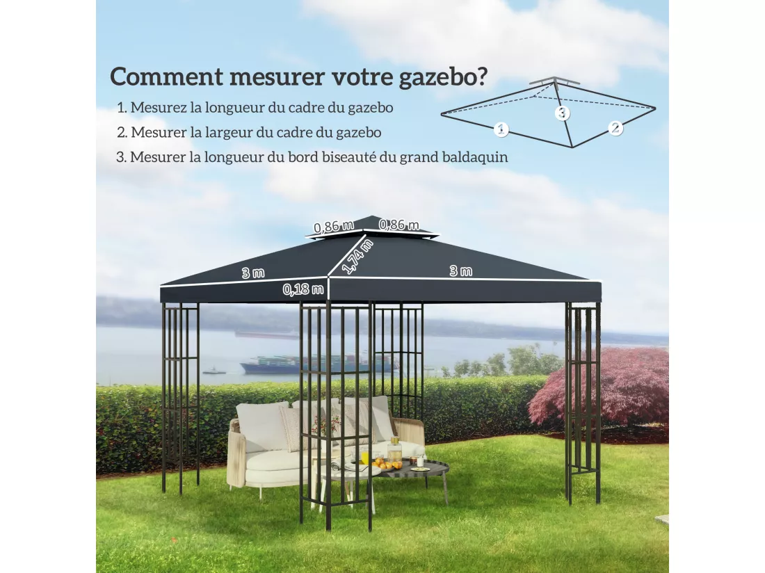 Toile de rechange pour pavillon tonnelle tente 3 x 3 m polyester haute densité 180 g/m² gris foncé