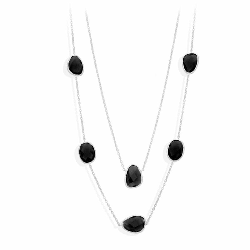 Collier Long Sautoir Argent Rhodié Victoria Cristal Noir
