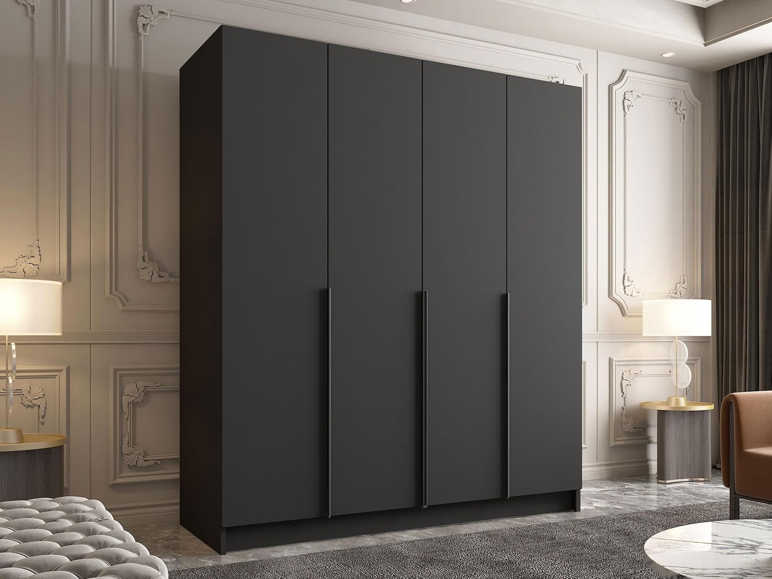 Mirjan24 Kleiderschrank mit Einlegeböden und Kleiderstange Salkor I, Vielseitiger Drehtürenschrank, Elegantes Kleiderschrank 4-türig (Schwarz)