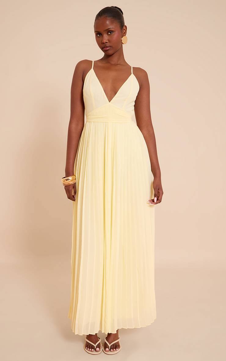 Citron Robe Longue En Mousseline Plissée À Bretelles Avec Ceinture