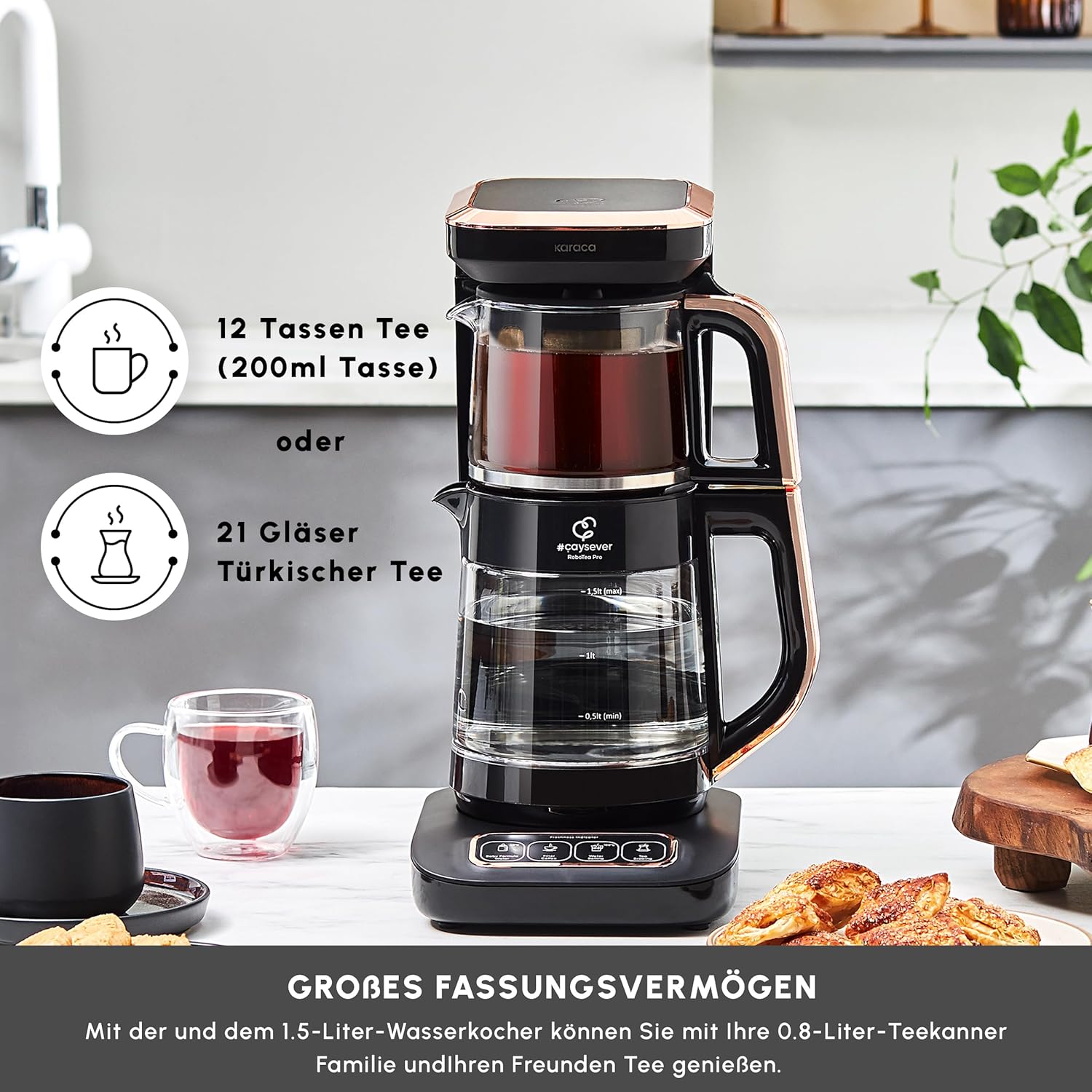 KARACA Çaysever Robotea Pro 4 in 1 Sprechender Automatischer Glas Teekocher, 2500W, 2,3L Kapazität, Frischeanzeige, Babynahrungswasserfunktion, Tee & Kaffee Zubereitung, Sicherheitsfunktionen