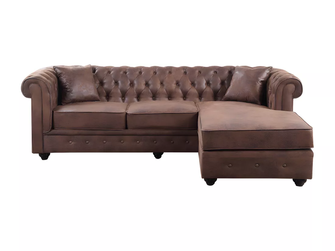 Canapé d'angle chesterfield réversible TOLEDO en microfibre vieillie - Marron