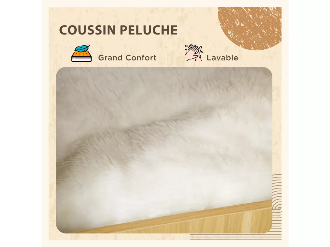 Maison de toilette chat - porte, niche avec coussin, plateau - panneaux aspect bois clair