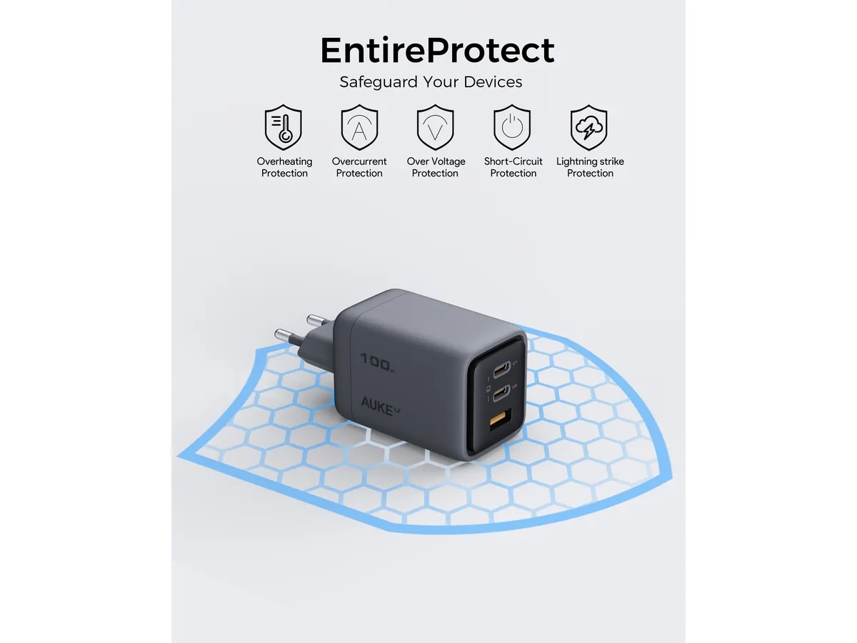 (100W) Comet Mix USB A / 2x USB C GaN Ladegerät Netzteil Power Delivery   Ladekabel (PA-C5 Bundle) - Schwarz