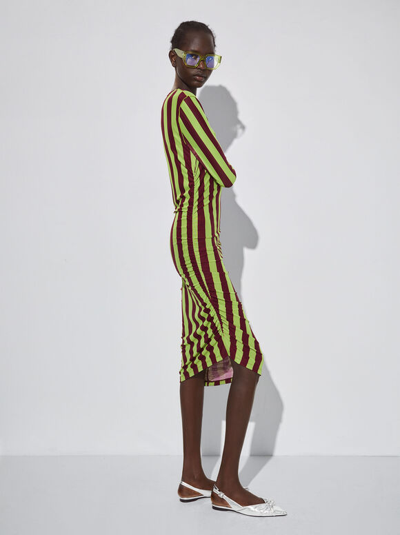 Vestido midi de tule listrado - Multicolorido
