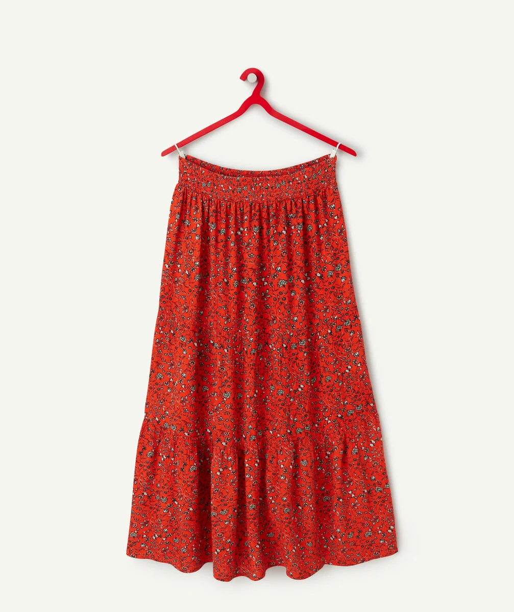 jupe longue fille en viscose responsable rouge imprimé à fleurs