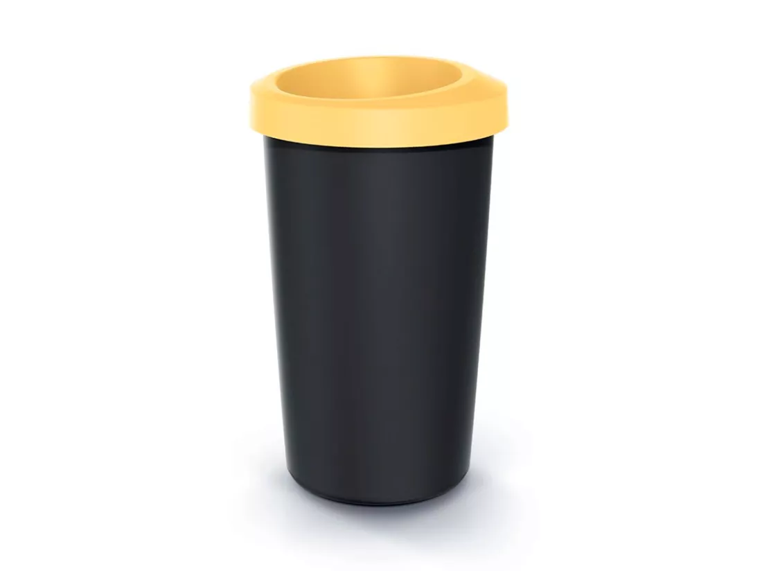 Cube de recyclage Keden 25L avec couvercle jaune ouvert. 31x31x52