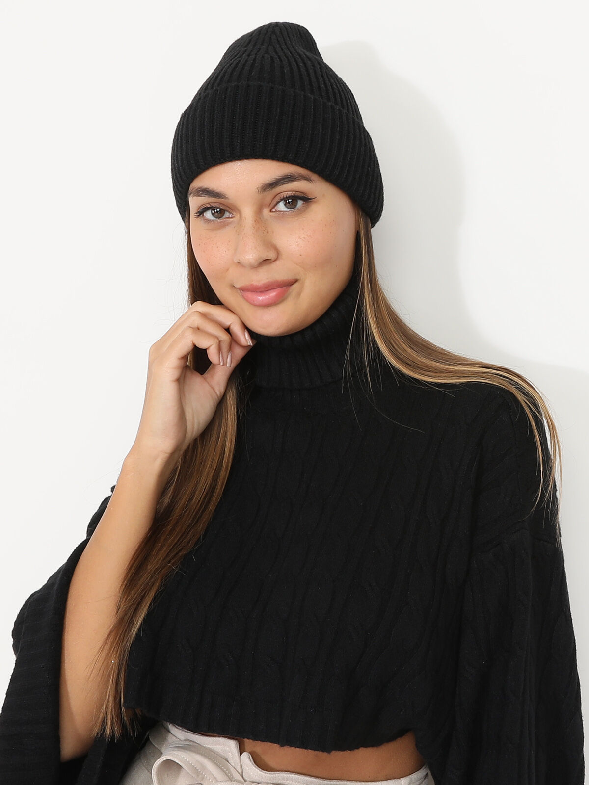 Bonnet maille côtelée à revers- Noir